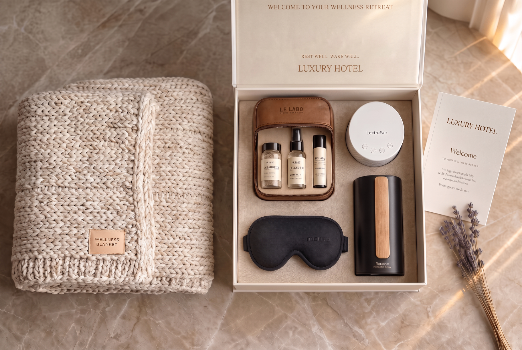 A curated relaxation box with sleep mask, aromatherapy, weighted blanket and welcome note