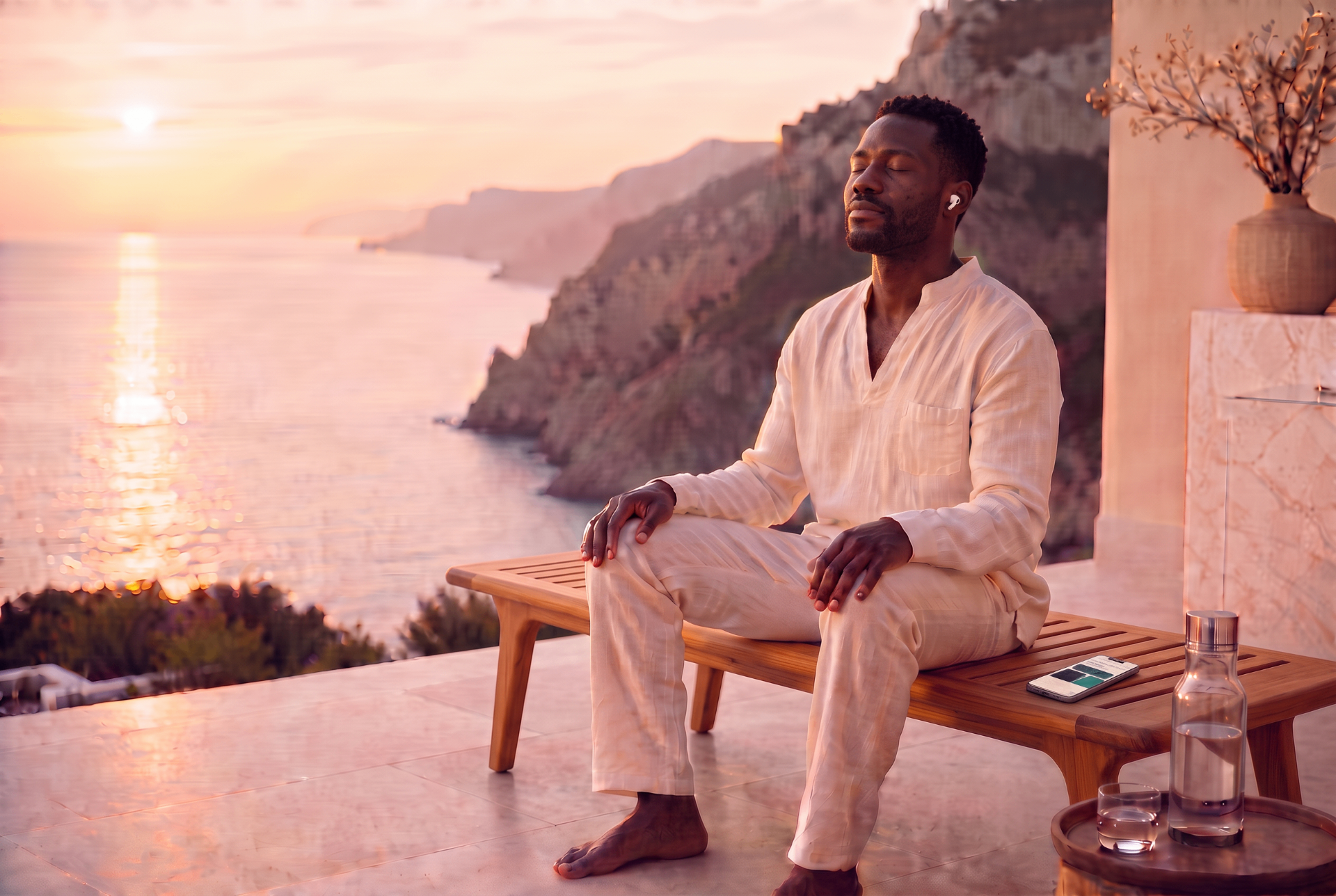 A man in quiet meditation on a sunlit coastal terrace, with a phone and water glass nearby