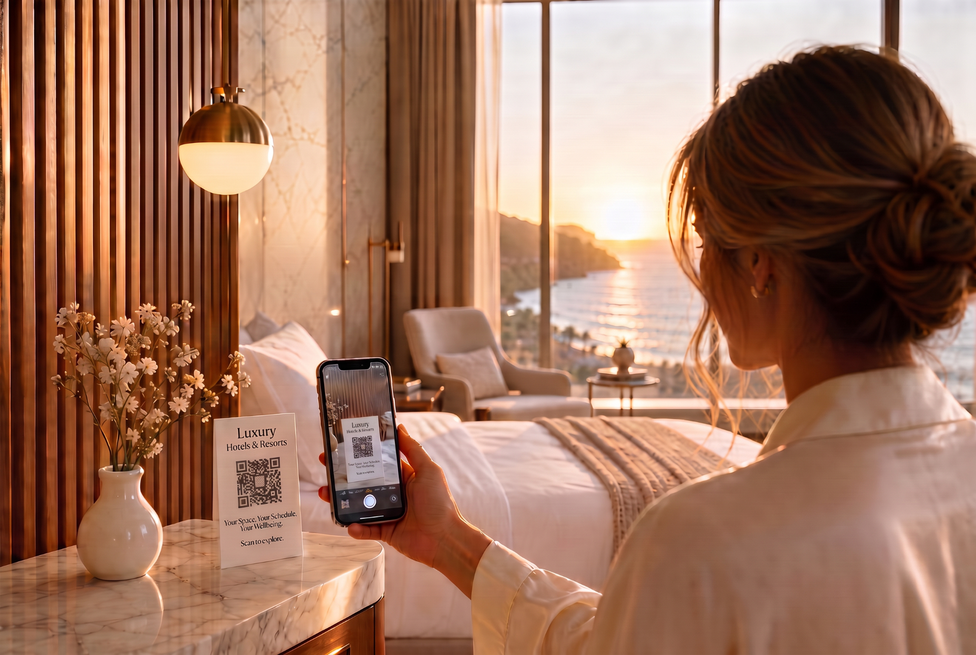 Guest scanning a branded QR code in a luxury hotel room at sunset