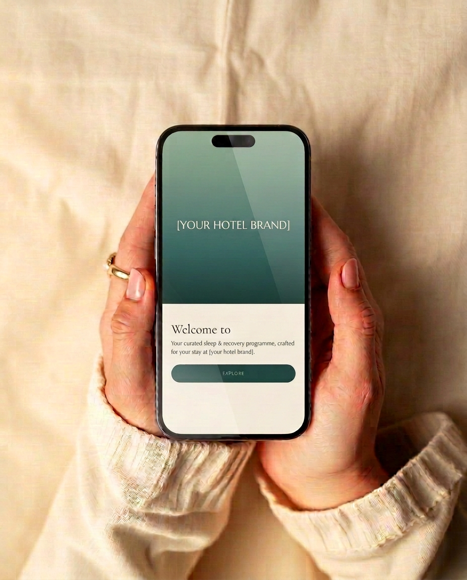 A guest holding a phone showing the branded Three Sages welcome screen