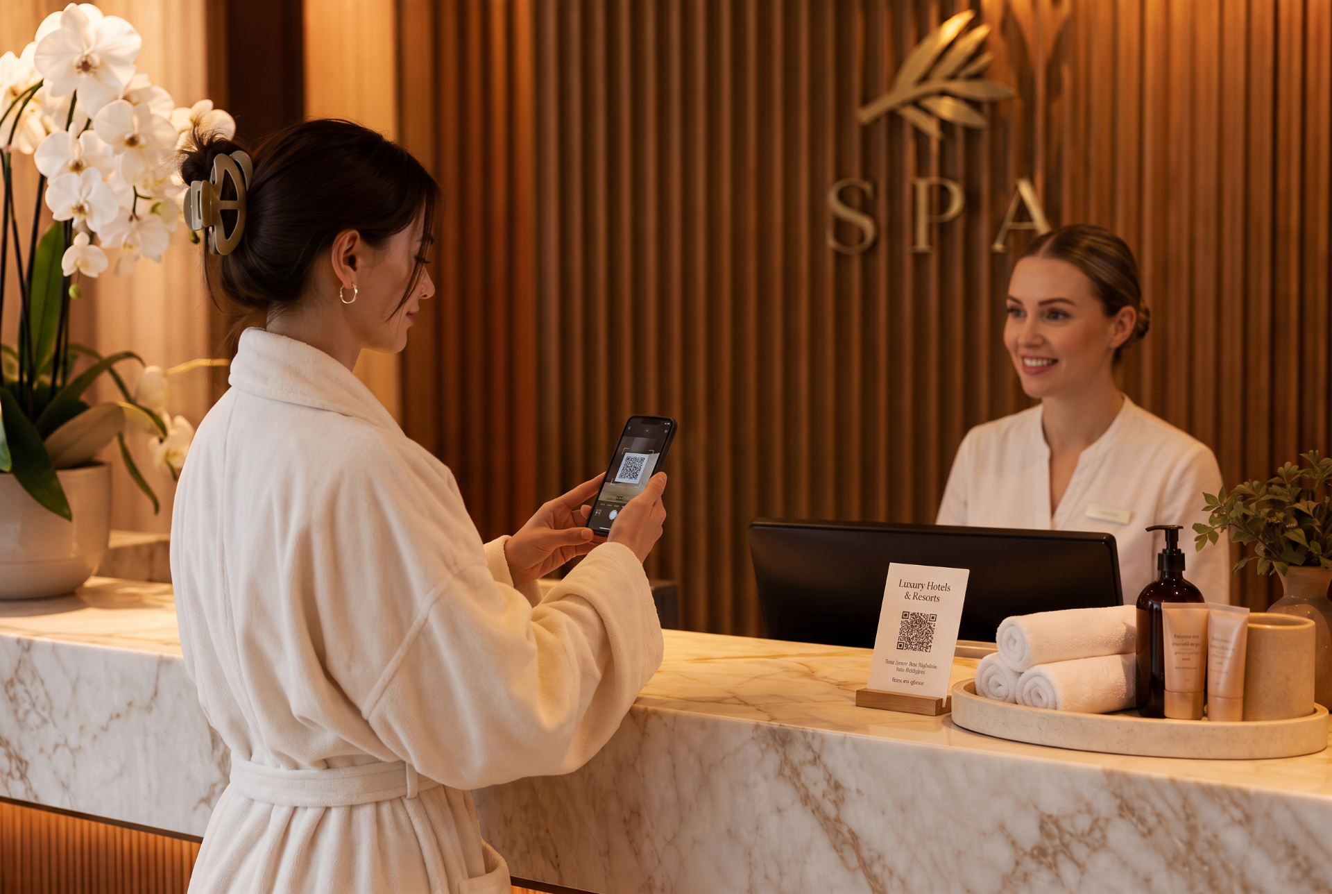 A guest in a spa robe scanning a Three Sages QR code at a marble reception desk