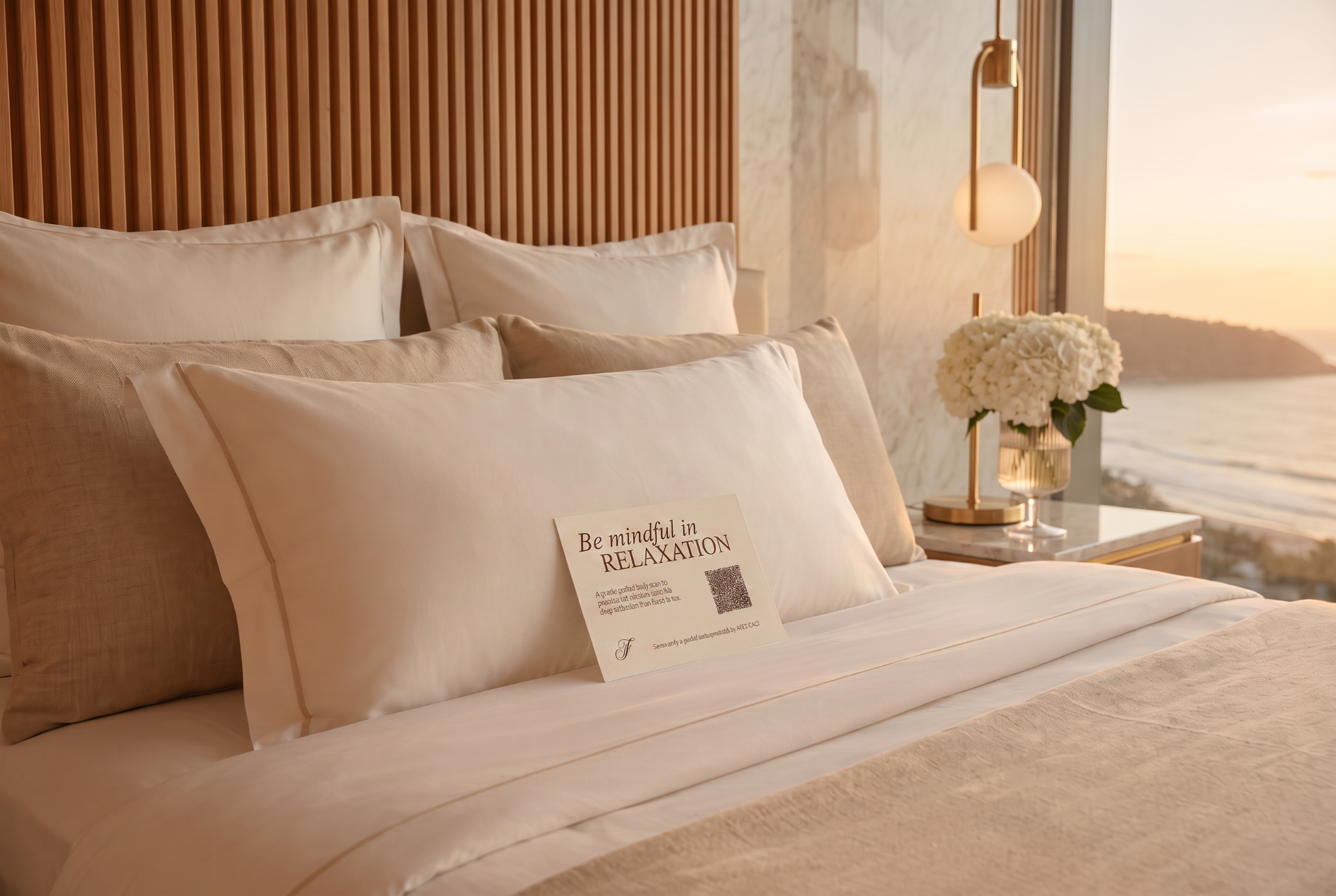 A turndown card resting on a crisp white pillow in a luxury hotel suite